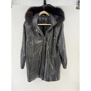 Leather Jacket Womens Medium Black Damselle Snorkle Hooded faux Fur Trim Read